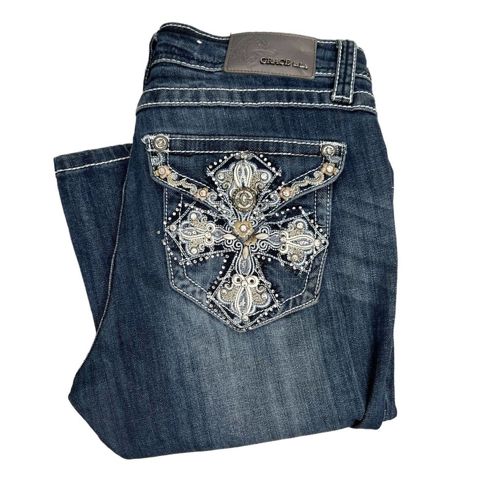 GRACE In LA Womens Darkwash Bootcut Easy Fit Cross Back Pockets Size 28